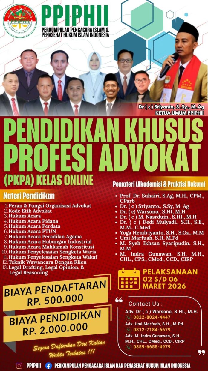 PPIPHII Buka PKPA Online 2026 Kesempatan Jadi Advokat