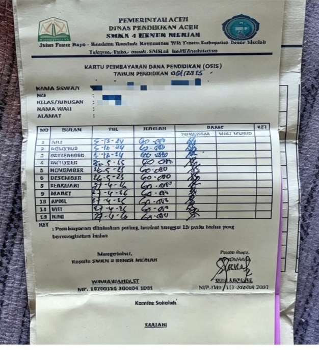 Wali murid SMKN 4 Bener Meriah mempertanyakan iuran Rp70 ribu per bulan