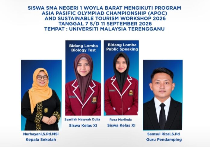 Kepala SMAN 1 Woyla Barat Nurhayani bersama siswi peserta APOC 2026