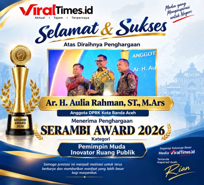Aulia Rahman menerima penghargaan Pemimpin Muda Serambi Award 2026